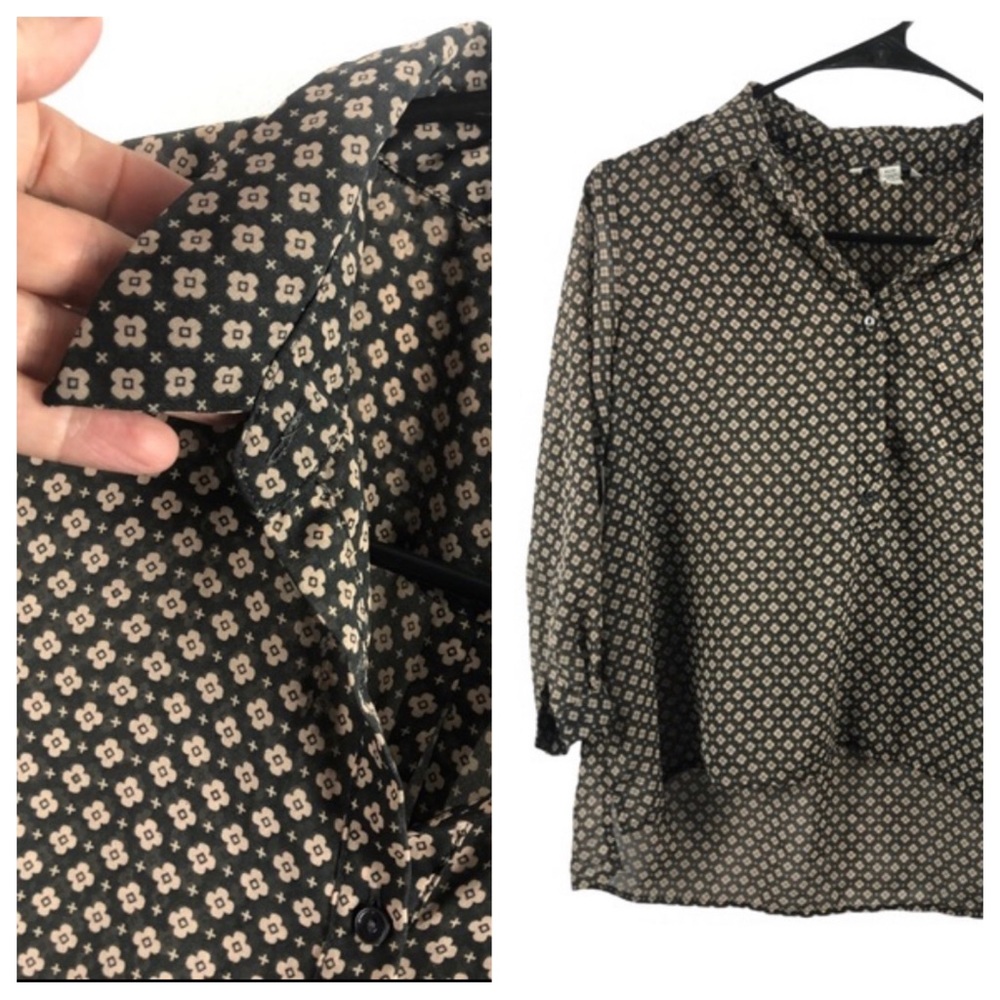 AMO American Eagle Outfitters Top Semi-Sheer Blouse Hi-Lo Multi Geo Print XS